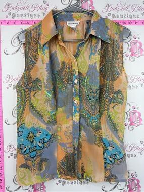 Rene Margo tank  Paisley Print Sleeveless Button Front Top in Tan, Blue & Green